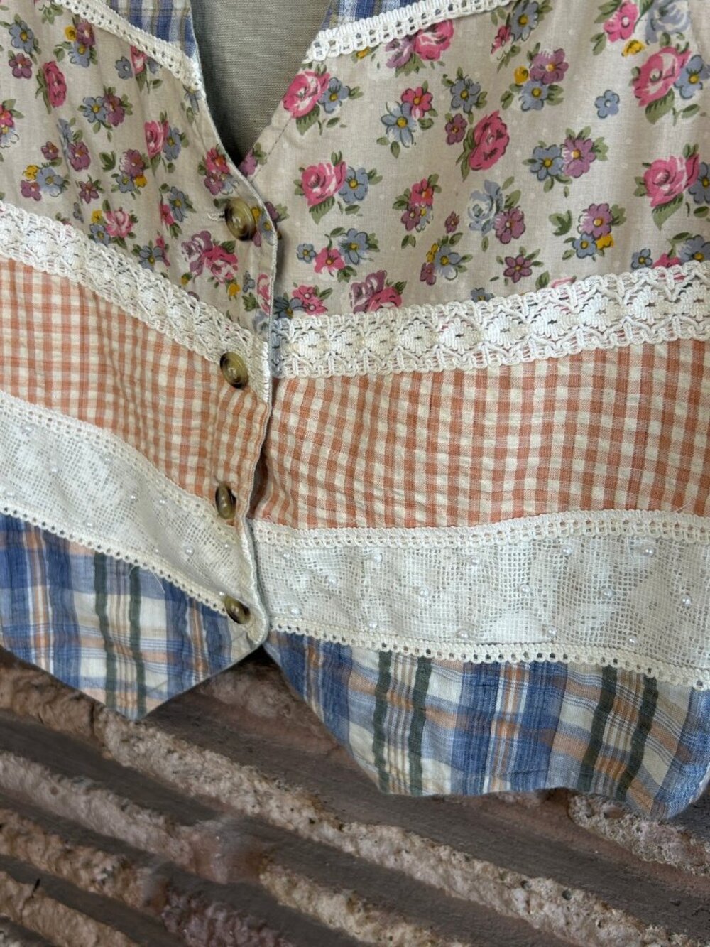 Vintage 90s Vest Patchwork Floral Plaid Check 100% Cotton Victoria Jones - Picture 8 of 10